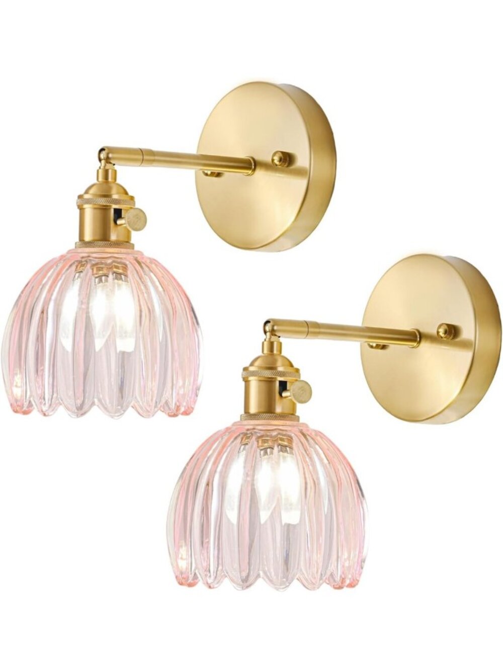 Vintage Pink Glass Wall Sconces Set of 2, Hardwired Bathroom Lights with Switch